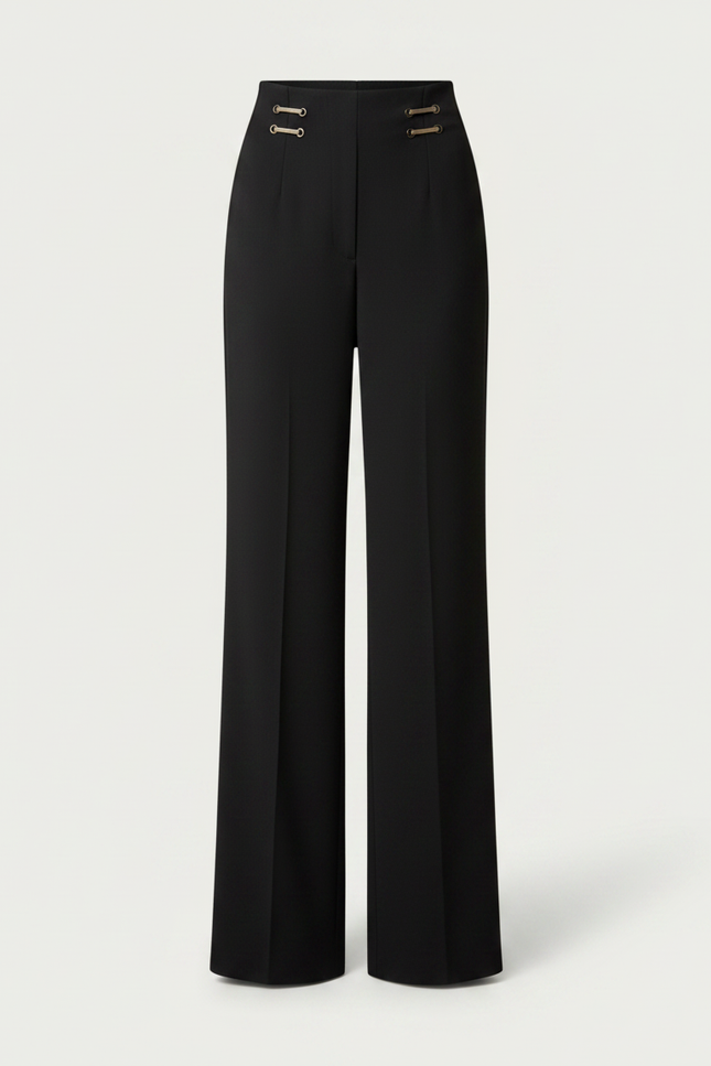Pantalon Chinois Noir Ample Taille Haute Boutons Dorés Femme - Viscose - vue 3