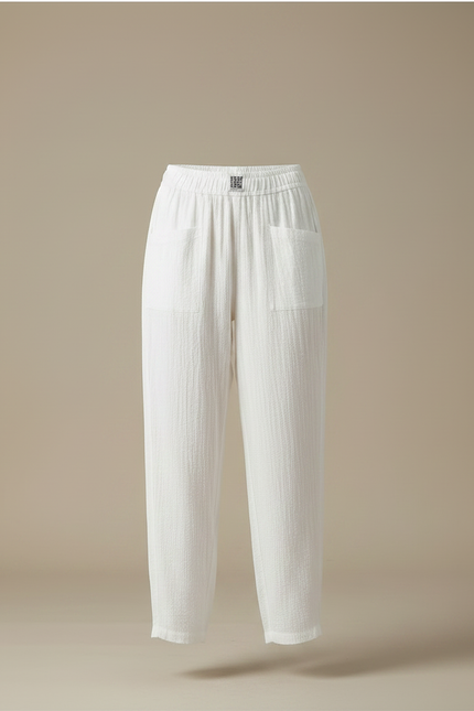 Pantalon Chinois Blanc Ample Texturé Décontracté Coton Lin - vue 3
