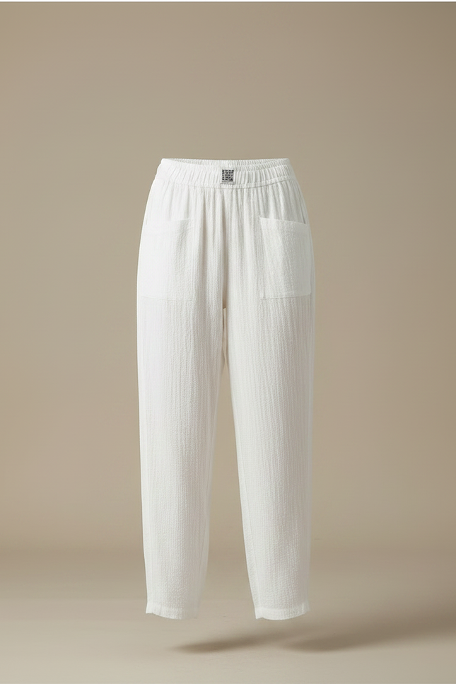 Pantalon Chinois Blanc Ample Texturé Décontracté Coton Lin - vue 3