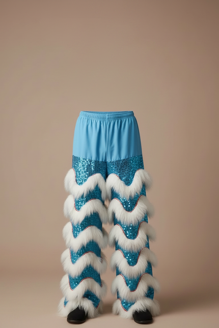 Pantalon Chinois Bleu Pailleté Blanc Fourrure Scène - Polyester - vue 3