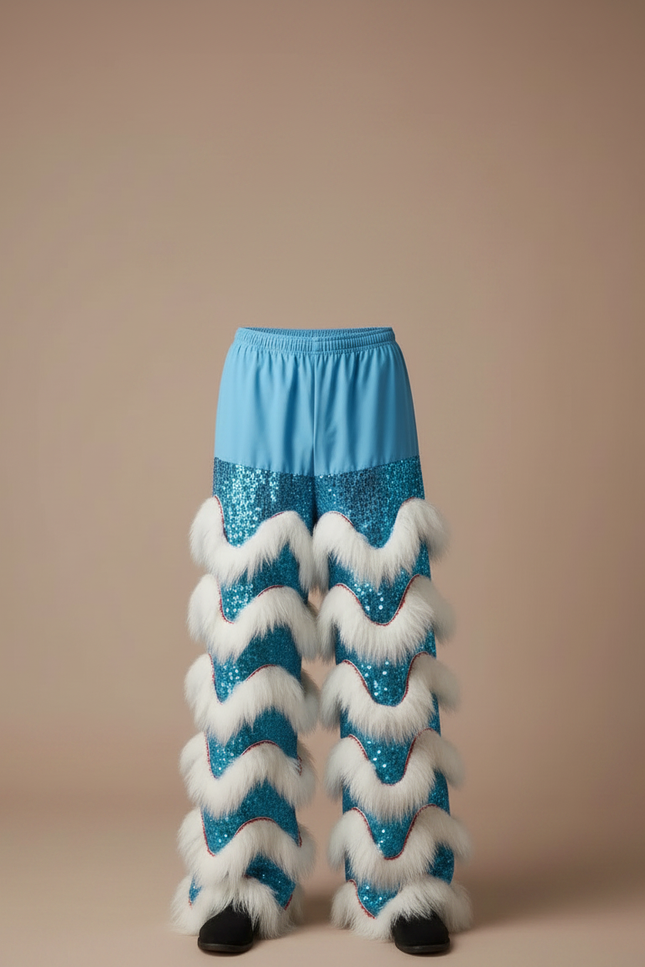 Pantalon Chinois Bleu Pailleté Blanc Fourrure Scène - Polyester - vue 3