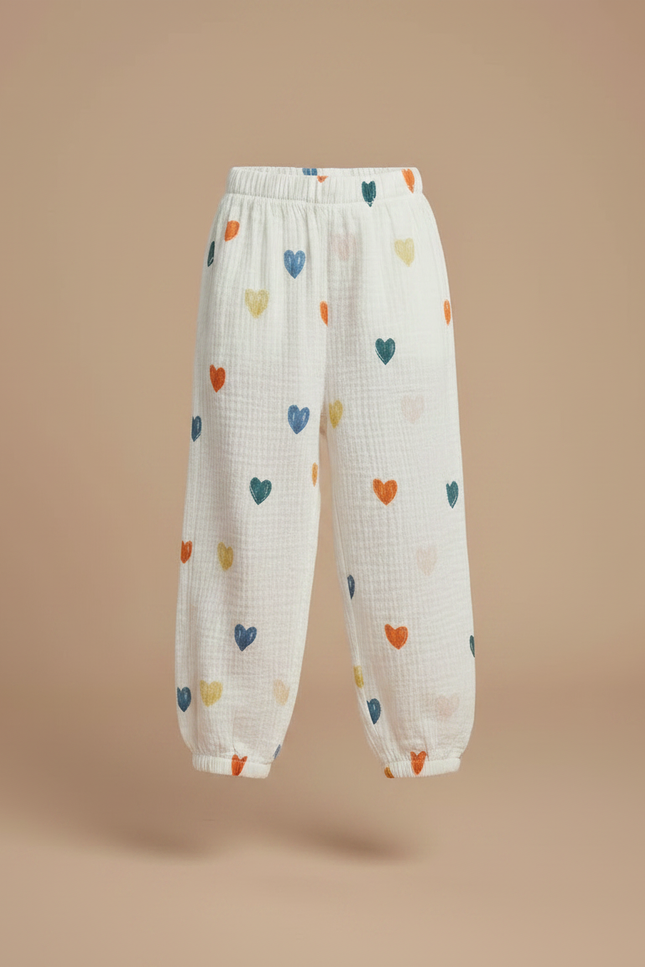 Pantalon Chinois Écru Cœurs Fluide Ample Enfant - Multicolore Coton - vue 3