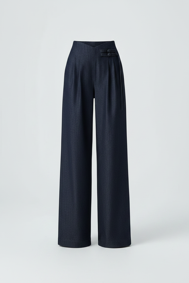 Pantalon Chinois Denim Large Plissé Élégant Femme - Marine Jean - vue 3