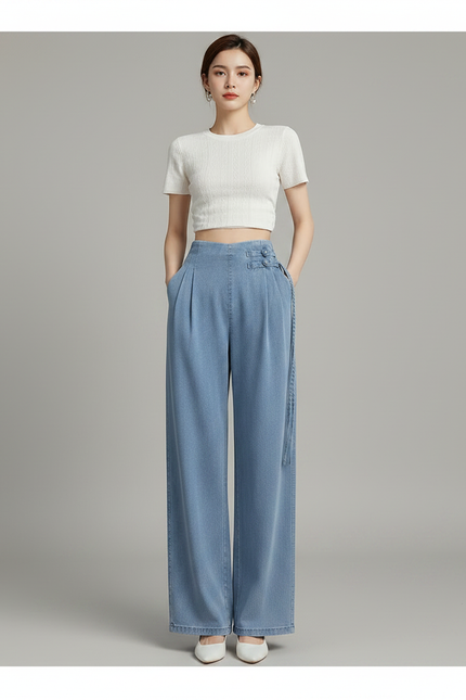 Pantalon Chinois Denim Plissé Ample Taille Haute Femme - Bleu Jean - vue 3