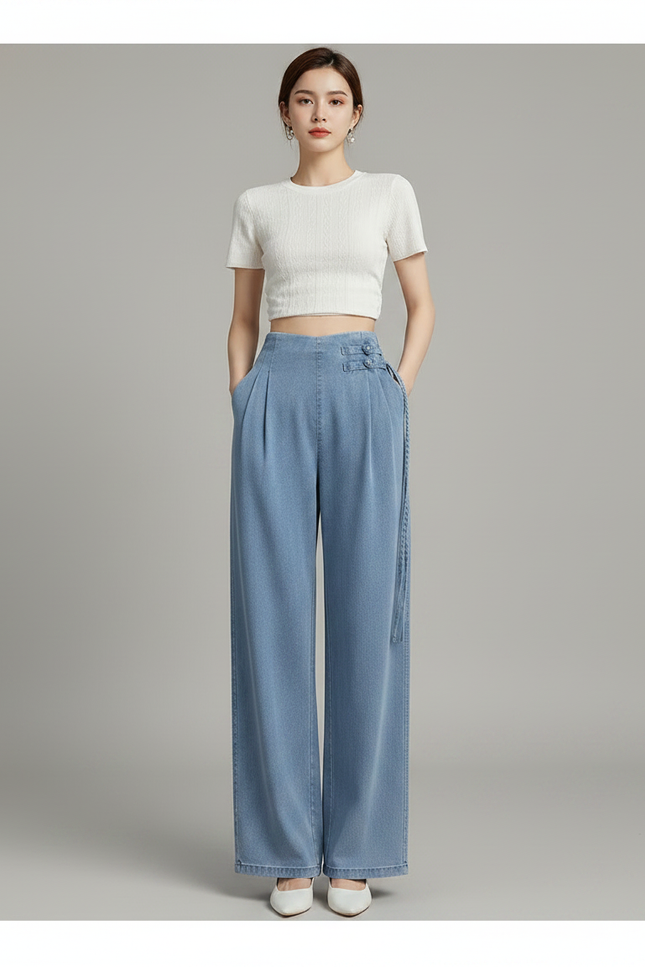 Pantalon Chinois Denim Plissé Ample Taille Haute Femme - Bleu Jean - vue 3