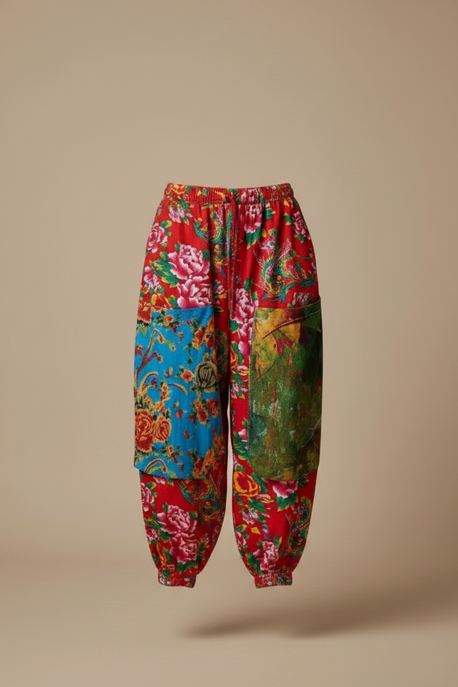 Pantalon Chinois Rouge Floral Ample Patchwork Coton - Multicolore - vue 3