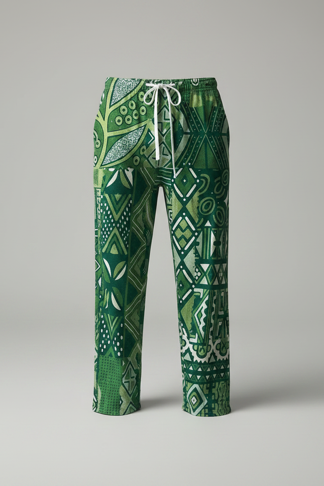 Pantalon Chinois Vert Ethnique Ample Cordon Décontracté - Viscose - vue 3