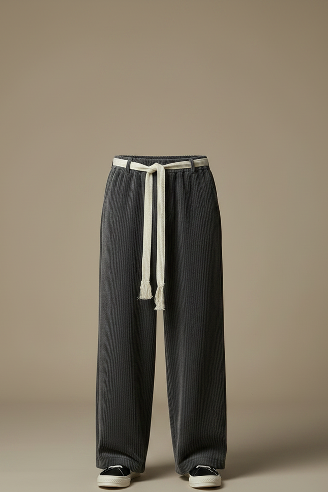 Pantalon Chinois Côtelé Large Gris Homme Décontracté - Cordé - vue 3