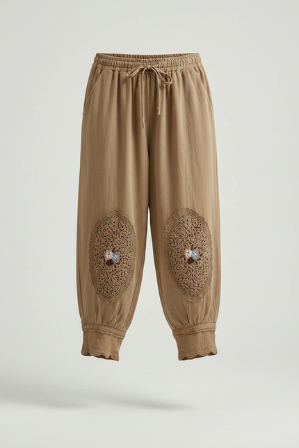Pantalon Chinois Harem Coton Lin Brodé Ethnique - Camel - vue 3
