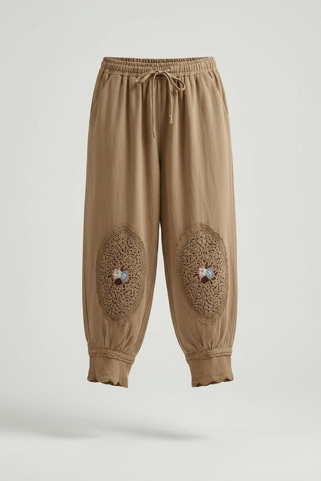 Pantalon Chinois Harem Coton Lin Brodé Ethnique - Camel - vue 3