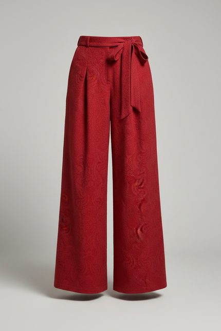 Pantalon Chinois Rouge Jacquard Ample Élégant Femme - Laine - vue 3