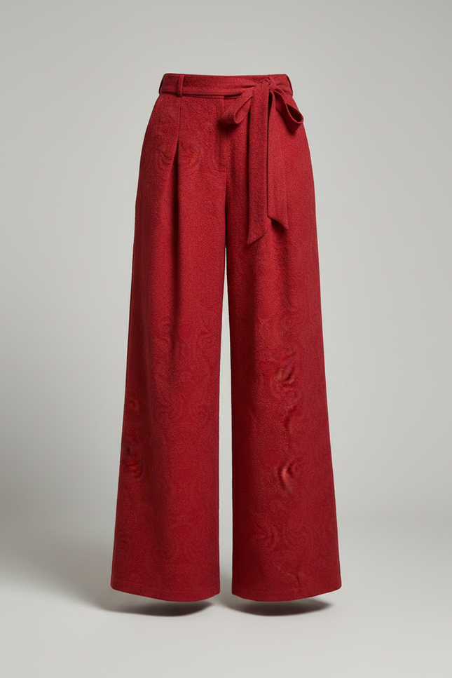 Pantalon Chinois Rouge Jacquard Ample Élégant Femme - Laine - vue 3