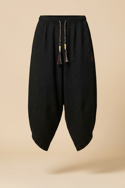 Pantalon Chinois Noir Ample Coton Lin Texturé Décontracté - vue 3