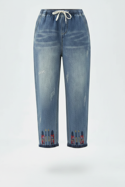 Pantalon Chinois Denim Brodé Floral Déchiré Ample Femme - Bleu Jean - vue 3
