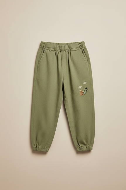 Pantalon Chinois Vert Ample Coton Brodé Enfant - vue 3