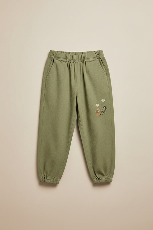 Pantalon Chinois Vert Ample Coton Brodé Enfant - vue 3