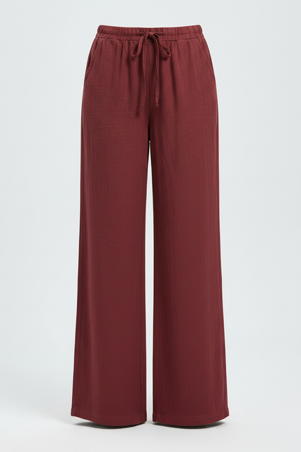 Pantalon Chinois Bordeaux Ample Lin Cordon Femme - vue 3