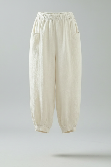 Pantalon Chinois Harem Lin Coton Écru Décontracté - Beige - vue 3