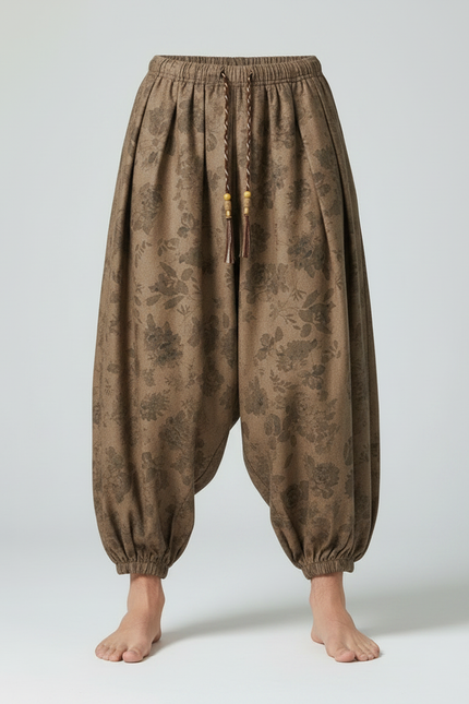 Pantalon Chinois Marron Ample Côtelé Fleuri Décontracté - Cordé - vue 3