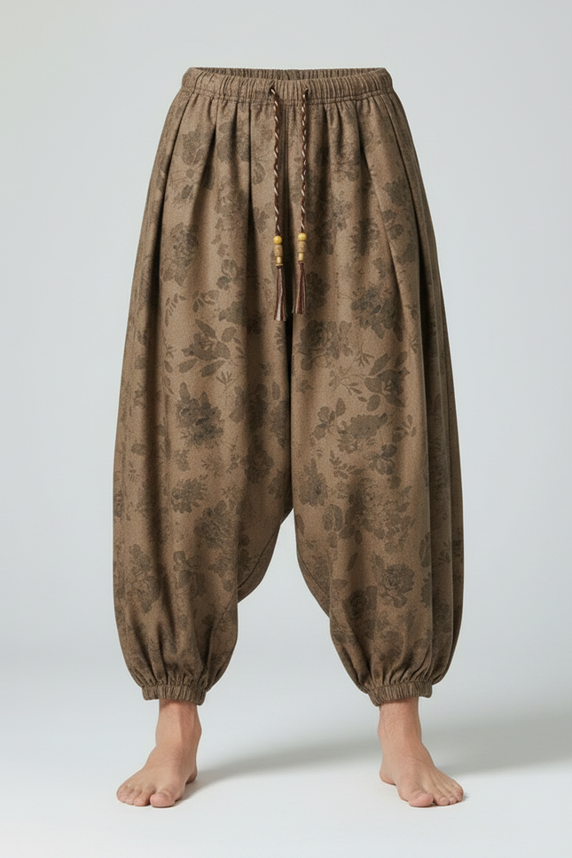 Pantalon Chinois Marron Ample Côtelé Fleuri Décontracté - Cordé - vue 3