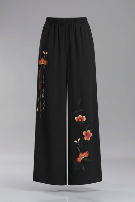 Pantalon Chinois Noir Brodé Ample Fluide Élégant - Polyester - vue 3