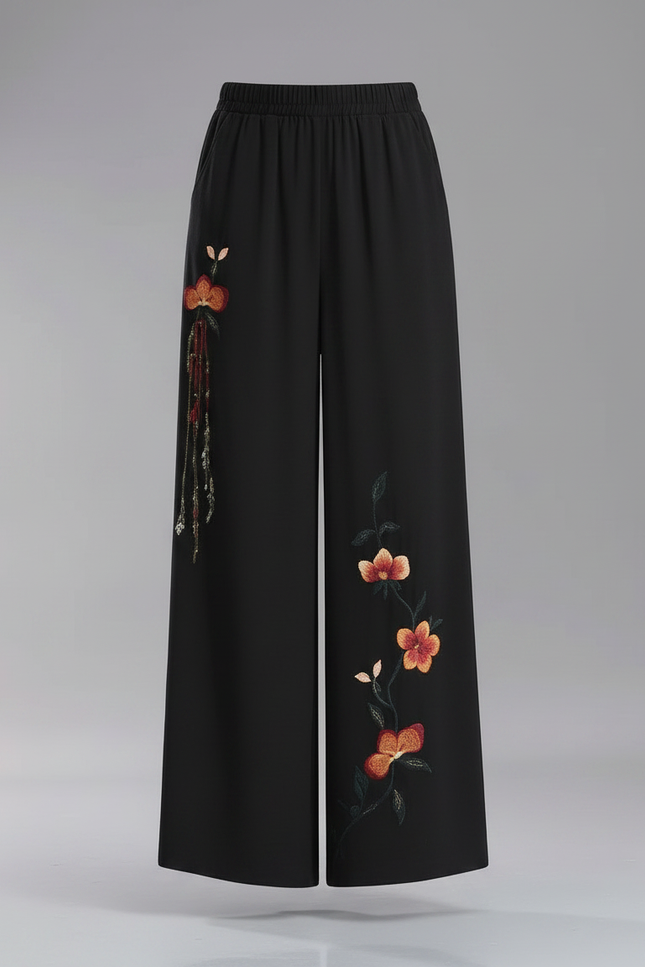 Pantalon Chinois Noir Brodé Ample Fluide Élégant - Polyester - vue 3