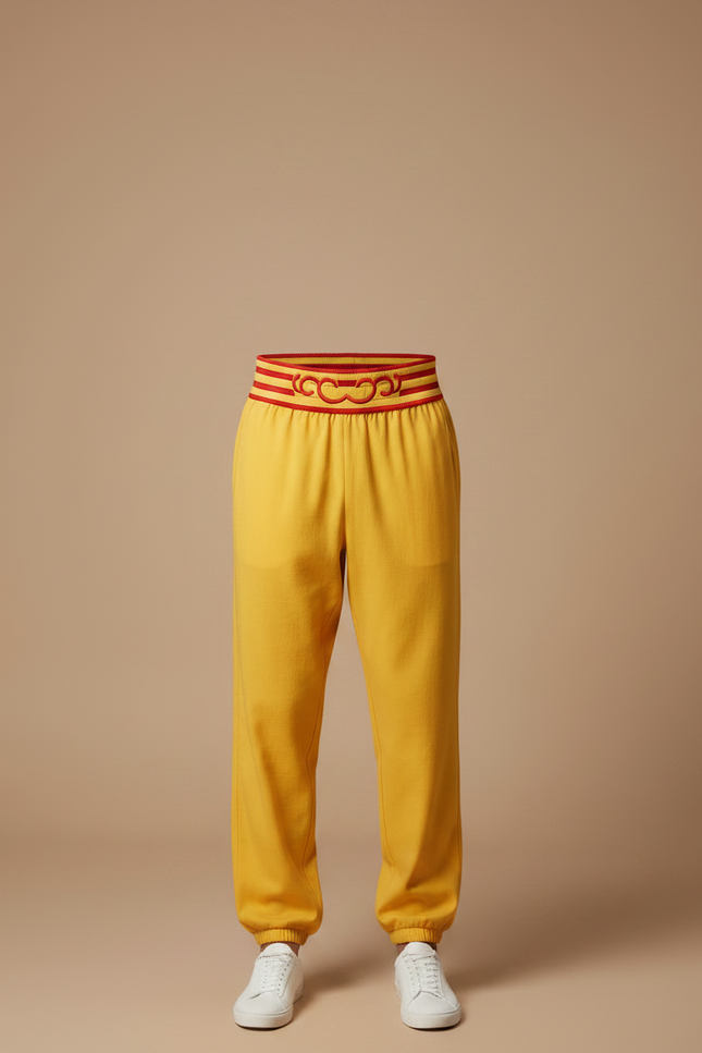 Pantalon Chinois Jaune Ample Décontracté Brodé Ceinture - Molleton - vue 3