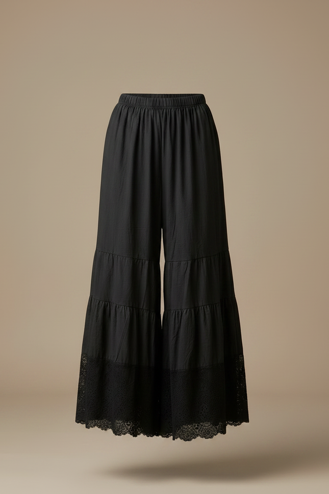 Pantalon Chinois Noir Ample Dentelle Bohème Fluide - Lin - vue 3
