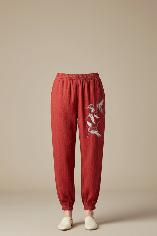 Pantalon Chinois Rouge Coton Brodé Grue Ample - Lin - vue 3