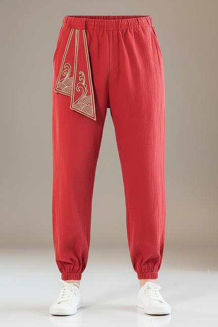 Pantalon Chinois Rouge Harem Brodé Coton Élastique Homme - vue 3