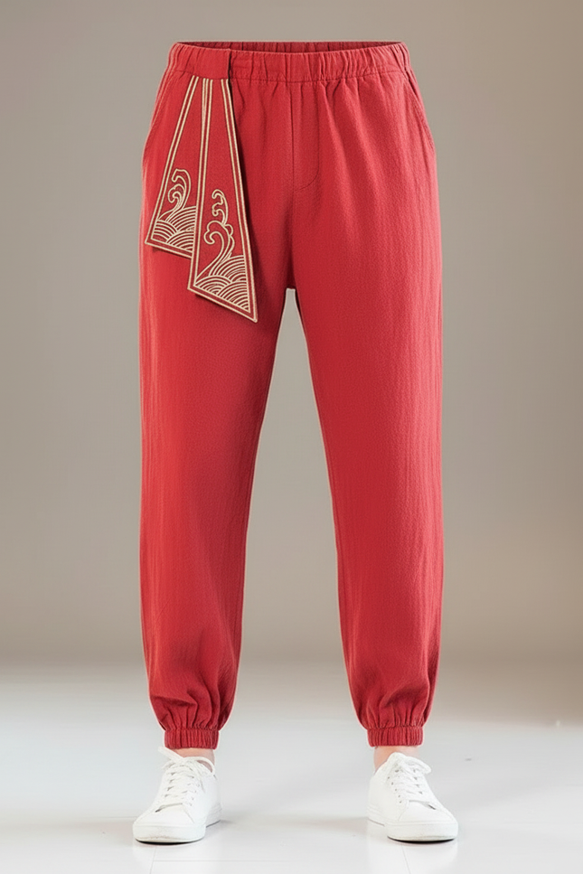 Pantalon Chinois Rouge Harem Brodé Coton Élastique Homme - vue 3