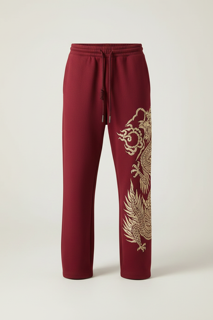 Pantalon Chinois Rouge Ample Dragon Brodé Décontracté - Bordeaux Molleton - vue 3