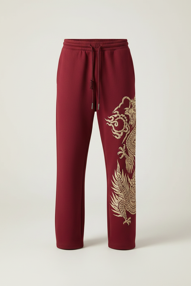 Pantalon Chinois Rouge Ample Dragon Brodé Décontracté - Bordeaux Molleton - vue 3