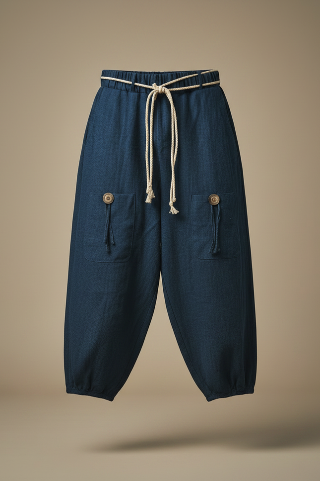Pantalon Chinois Bleu Ample Coton Lacet Décontracté - Marine - vue 3
