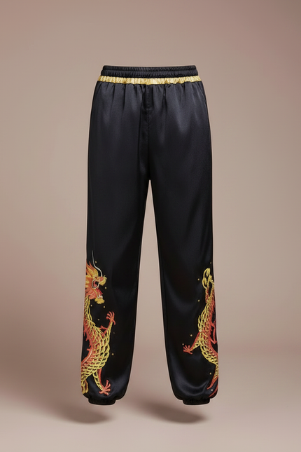 Pantalon Chinois Noir Satiné Dragon Enfant Brodé - vue 3