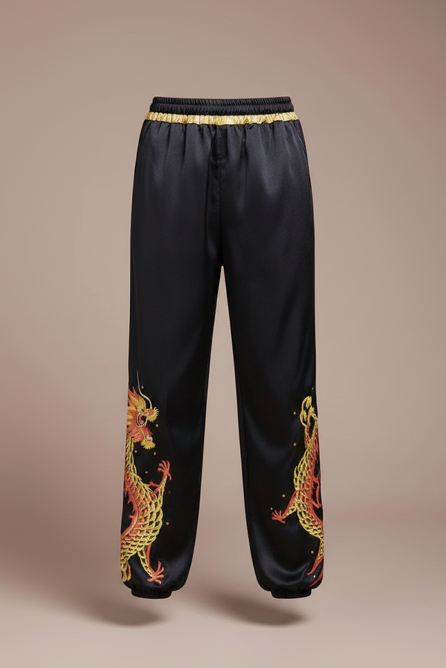 Pantalon Chinois Noir Satiné Dragon Enfant Brodé - vue 3