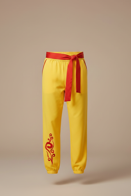 Pantalon Chinois Jaune Ample Brodé Rouge Ceinture - Polyester - vue 3