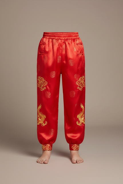Pantalon Chinois Rouge Satiné Ample Brodé Dragon Enfant - vue 3