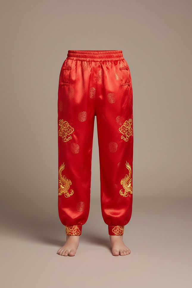 Pantalon Chinois Rouge Satiné Ample Brodé Dragon Enfant - vue 3