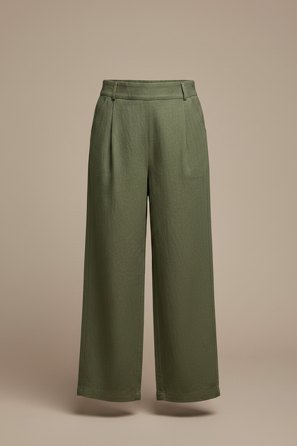 Pantalon Chinois Vert Ample Lin Plissé Décontracté - Kaki - vue 3