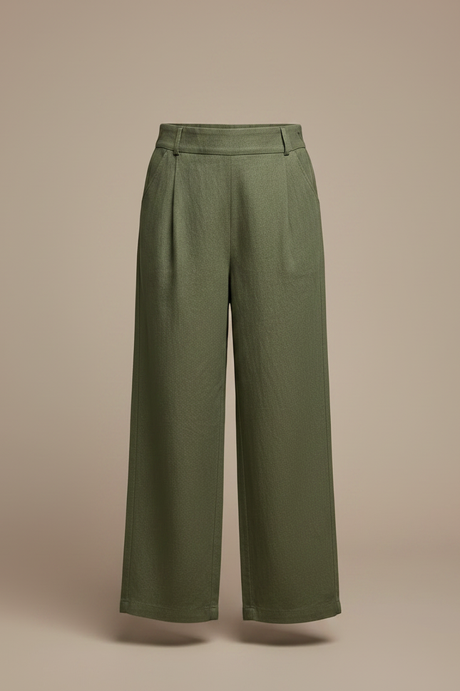 Pantalon Chinois Vert Ample Lin Plissé Décontracté - Kaki - vue 3