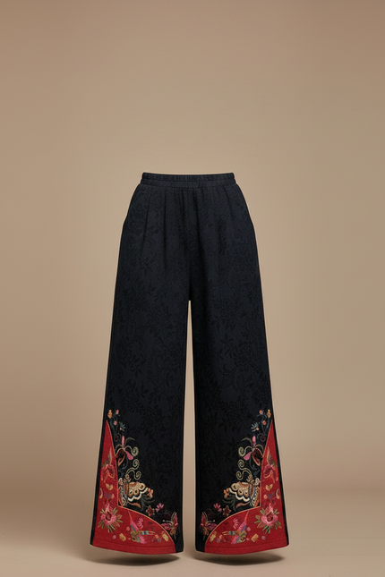 Pantalon Chinois Brodé Ample Noir Ethnique Jacquard Femme - Polyester - vue 3