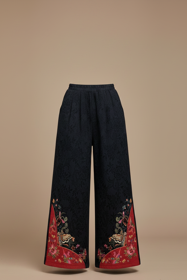 Pantalon Chinois Brodé Ample Noir Ethnique Jacquard Femme - Polyester - vue 3