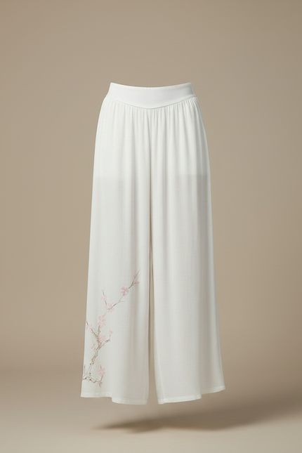 Pantalon Chinois Blanc Ample Brodé Fluide Femme - Lin - vue 3