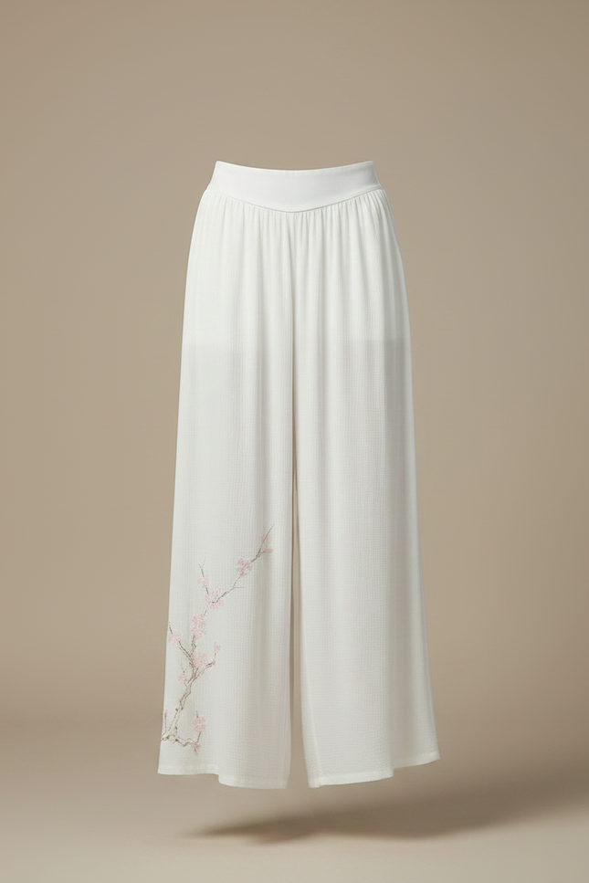 Pantalon Chinois Blanc Ample Brodé Fluide Femme - Lin - vue 3