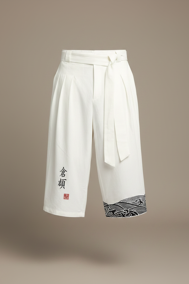 Pantalon Chinois Blanc Lin Ample Ceinturé Vagues - vue 3