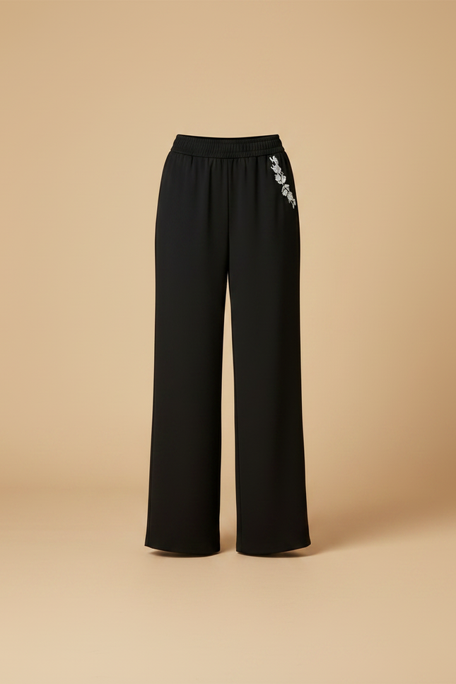 Pantalon Chinois Noir Ample Brodé Élégant Femme - Polyester - vue 3