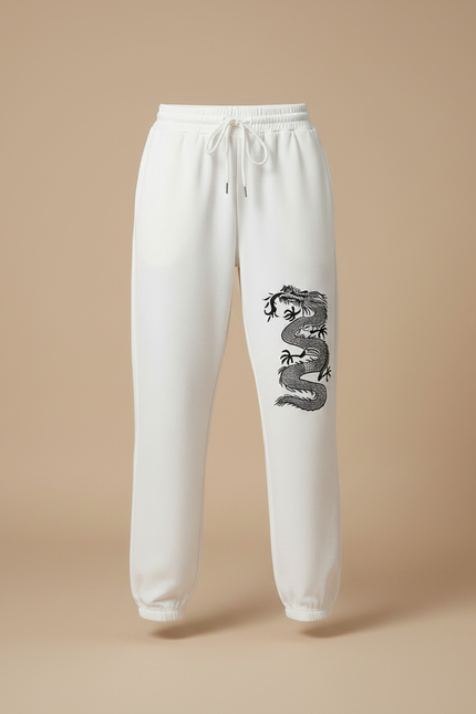 Pantalon Chinois Blanc Dragon Imprimé Jogger Cordon - Molleton - vue 3