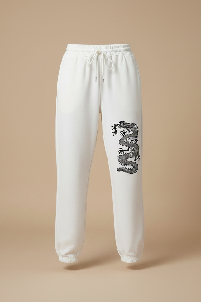 Pantalon Chinois Blanc Dragon Imprimé Jogger Cordon - Molleton - vue 3