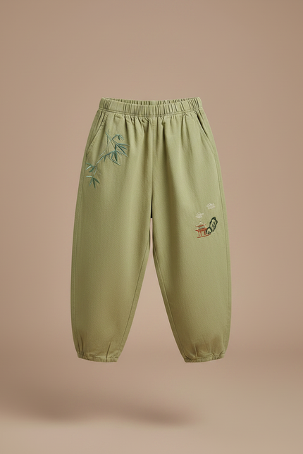 Pantalon Chinois Vert Brodé Ample Coton Enfant - vue 3